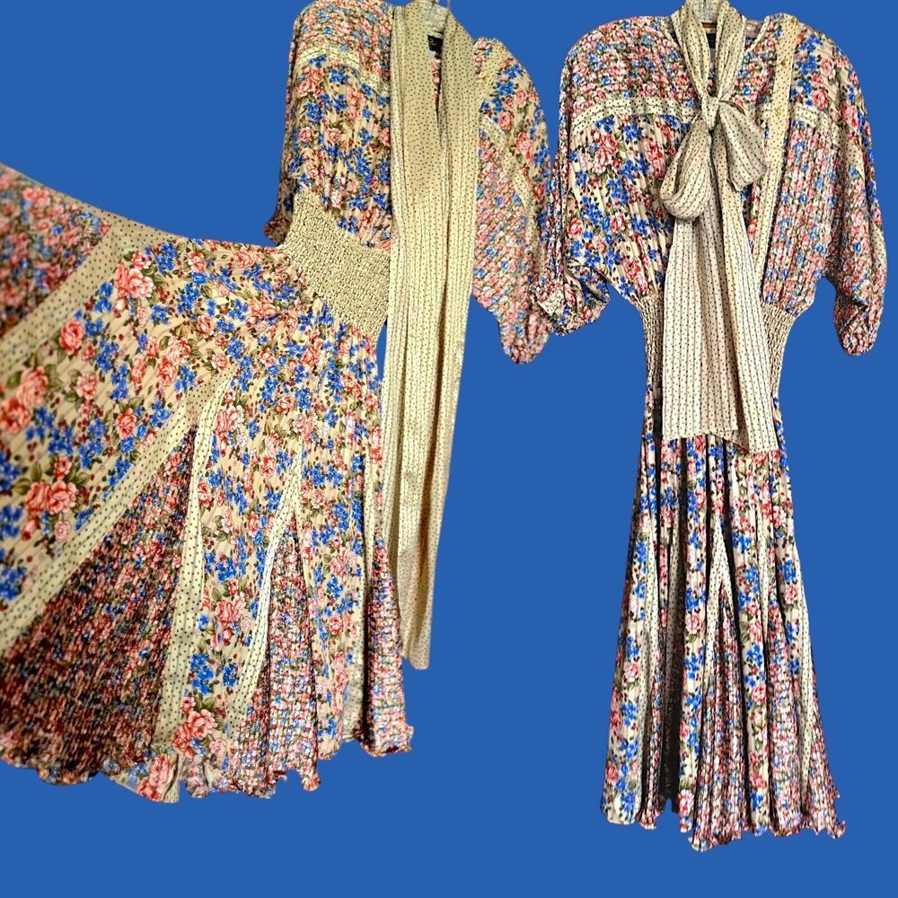 Vintage Diane Freis Georgette Dress‎ with Sash Blouson Bodice